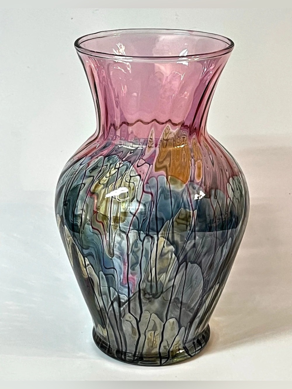 Handblown Optic Swirls Drip Multicolor Flower Vase Pink Purple Glass 7 in